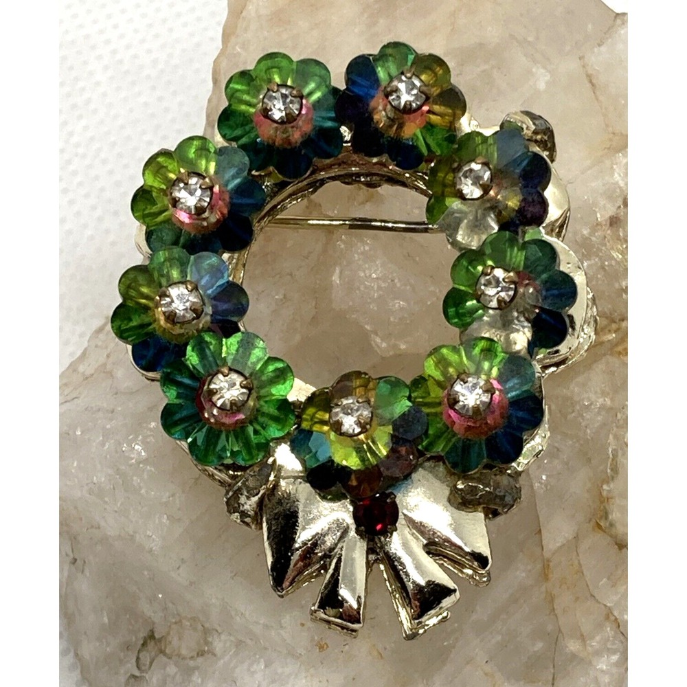 Vintage Gold Tone Watermelon AB Crystal Flower‎ Wreath Bow Pin Brooch Holiday